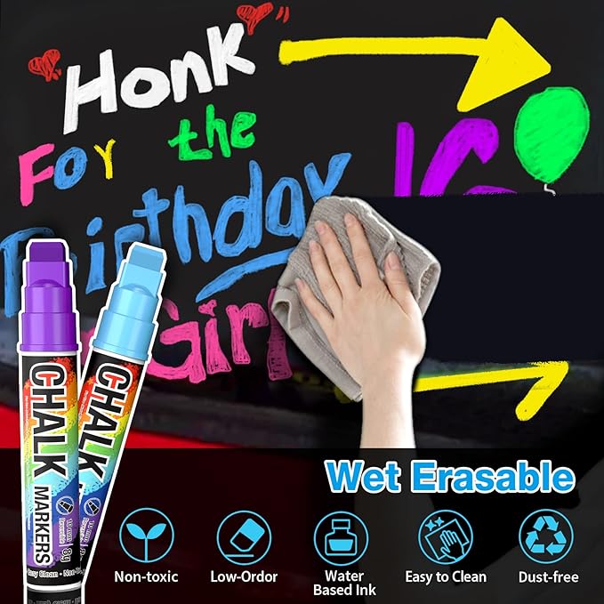 Window Chalk Markers for Cars Washable: 8 Colors Jumbo Liquid Chalk Marker with 10mm Thick Tips, Big Chalkboard Markers, Car Window Paint Markers Pen for Glass, Auto, Bistro, Mirror, Poster, Business