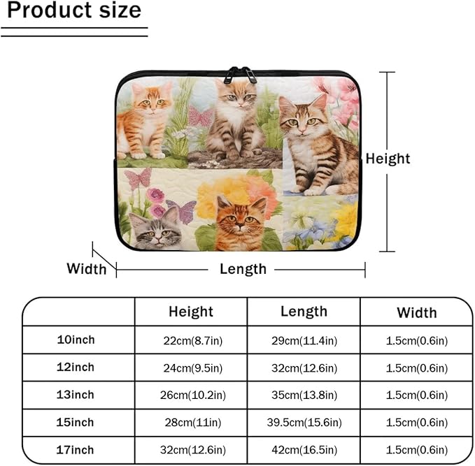 Cat Floral Printed Computer Case Bag for Girls Boys, Washable 13 Inch Laptop Bag Carrying Case Cute Laptop Briefcase Neoprene with Zipper, Compatible with Various Computers