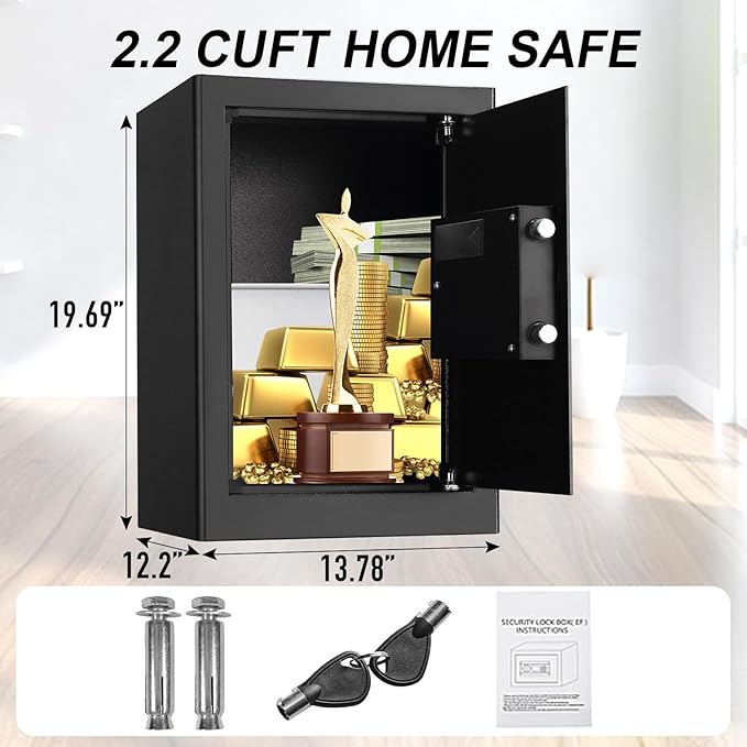 Tenamic Fireproof Safe Box 2.2 Cuft Electronic Digital Security Box, Keypad Large Lock Box Cabinet Safes with Internal Light, Solid Alloy Steel Office Hotel Home Safe with 2 Passwords, Black