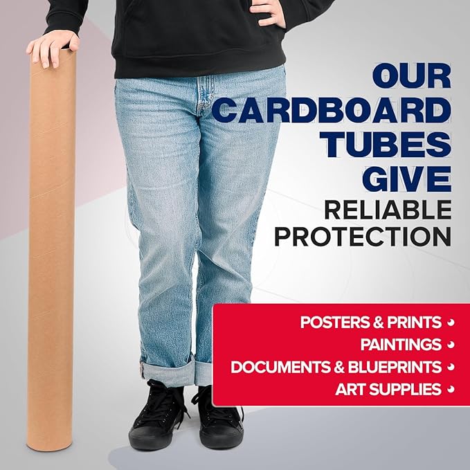 4" x 36" Reinforced Kraft Paper Mailing Tubes, Pack of 6 Tubes with 2 Caps Each – USPS Approved Poster Tube – Made in USA Cardboard Tube for Shipping and Storing Posters, Prints, Artwork, or Documents