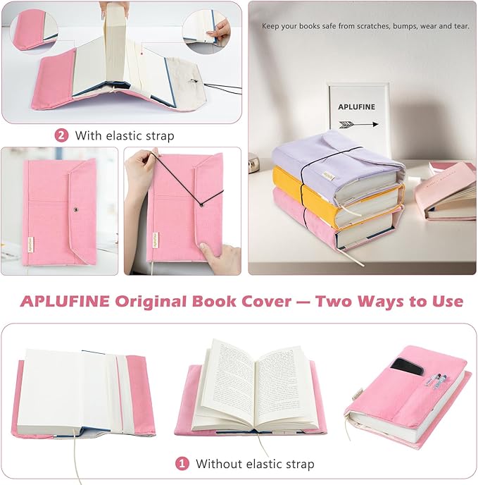 Canvas Book Covers, Washable Book Protector, Book Cover for Paperback Novels, Adjustable Book Cover for Hardcover with Pockets for Pen, Soft Cover Books, Book Lovers Gifts
