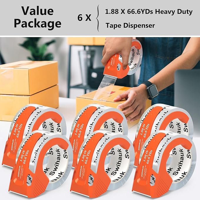 Total 400 yd, 6 Pack 1.18 in x 66.6 yd - Heavy Duty Packing Tape with Dispenser, Bingding Tape, Clear Shipping Tape, Packaging Tape, Package Tape for Shipping Moving Storage and Mailing