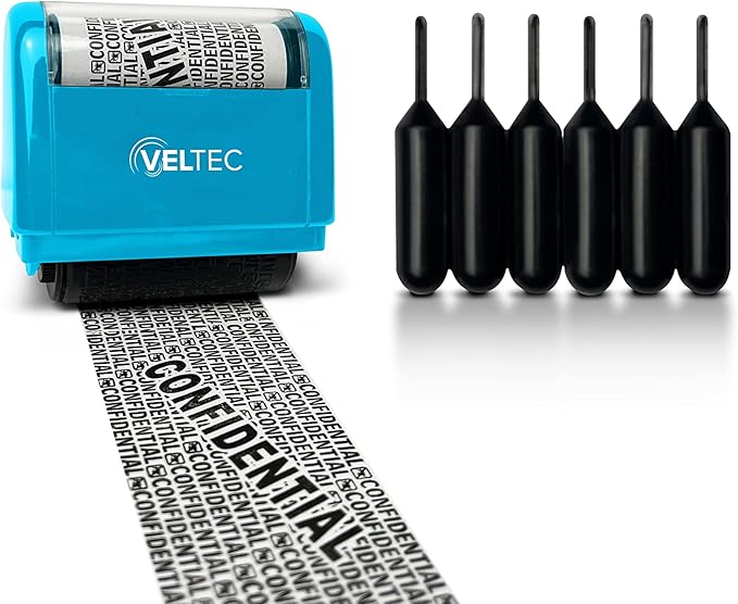 Veltec ID Protector Ink Roller - Identity Theft Protection Roller Stamp Set (Blue, Stamp+6 Refills)