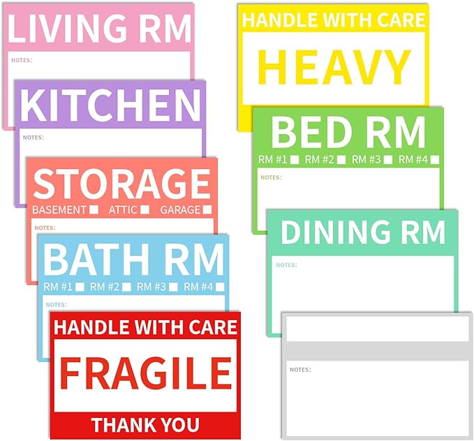 600 Pcs 2” x 3’’ Removable Home Moving Box Packing Labels for 1/2/3/4 Bedroom Rooms, 9 Designs Pre-Printed Color-Coded Moving Stickers Including Fragile 、Heavy and Blank Moving Labels for Boxes