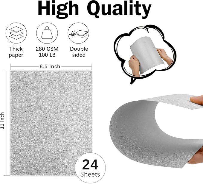 Double-Sided Silver Glitter Cardstock 8.5x11 24 Sheets, Goefun 100lb No-Shed Shimmer Glitter Paper for Scrapbook, Birthday, Wedding Party, Decorations (Not Suitable for Printing)