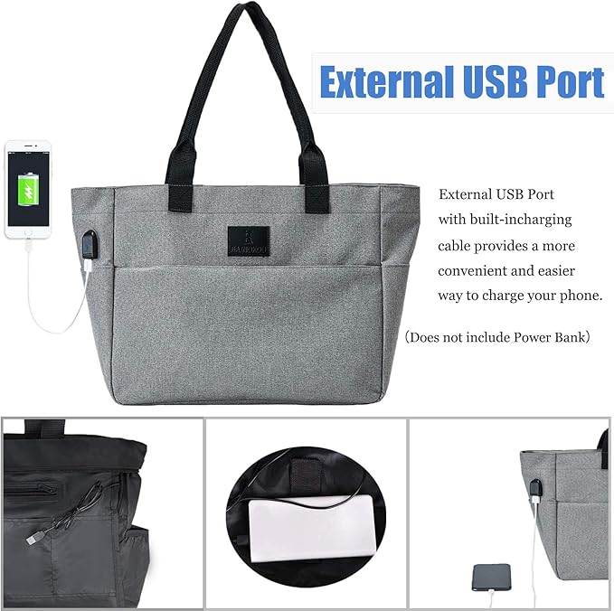 Tote Bag for Women Large Work Bags Laptop 15.6-17 Inch Handbag Purse Book Bag with Zipper for Nurse Teacher School,Grey