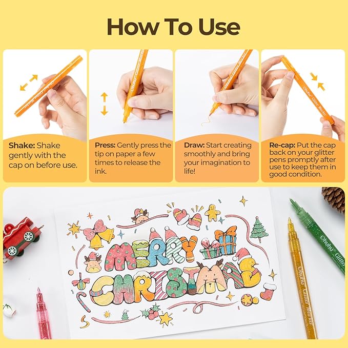 Ohuhu Glitter Markers Pen 24 Glitter Colors Fine Point Tip Water-based Metallic Shimmer Markers for Kids Adults DIY Crafts Greeting Birthday Cards Drawing Coloring Poster Album Scrapbooking Mugs Wood