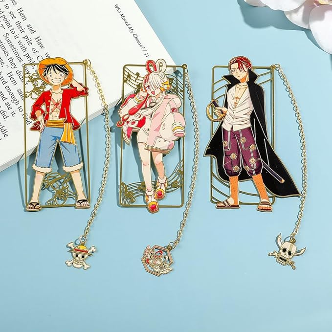 One Pieces Anime Luffy Shanks Uta Book Mark - Brass Metal Bookmark, Stationery School Supplies, Gift for Book Lover, Friends, Anime Fans Collection (Set-4)