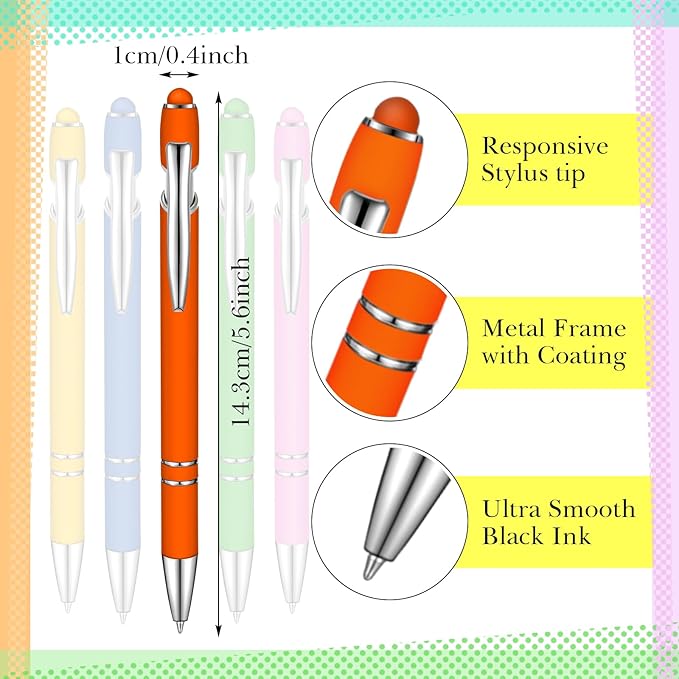 Zonon 38 Pieces Rubberized Ballpoint Pen with Stylus Tip Stylish Metal Pen Capactive Styli with Soft Rubberized Grip, Black Ink for Most Devices(Chic Colors)