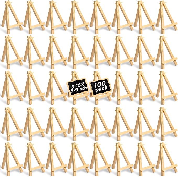 100 Pieces Mini Wood Easel Stands Small Wooden Canvas Easels Display Art Craft Tripod Painting Tabletop Holder for Artist Crafts, Business Cards, Photos, Gift(6 Inch)