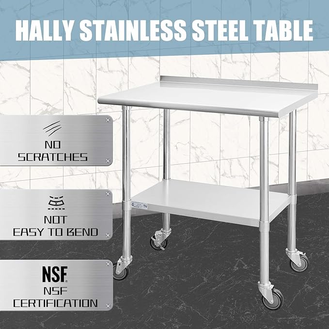 HALLY Stainless Steel Table for Prep & Work 24 x 36 Inches with Caster Wheels, NSF Commercial Heavy Duty Table with Undershelf and Backsplash for Restaurant, Home and Hotel