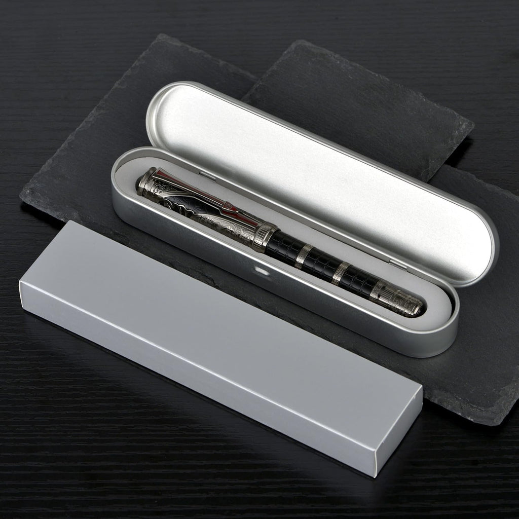 Hongdian D5X Fountain Pen Extra Fine Nib Black Color, Qin Dynasty Retro Chinese Totem Engraving Smooth Writing Pen with Converter and Pen Box Set