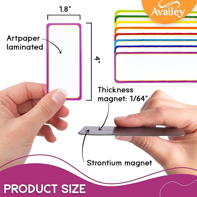 Availey 32 Pieces (4 x 1.8") - Colored Border Magnetic Dry Erase Labels - Reusable Strips for Classroom Home Office Garage Refrigerator - Blank Writable Erasable Cards Name Tags Students Locker Shelf
