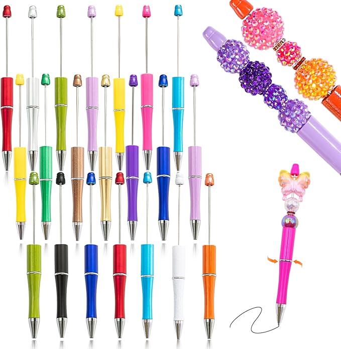 45 Pieces Beadable Pens - Beaded Pens Colourful Plastic Diy Black Ink Ballpoint Pens Bulk - Bead Pens Suitable For Teacher, Students, Office, School, Graduation Gift Supplies