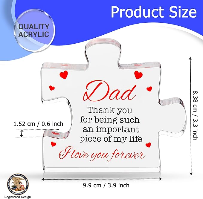 VELENTI Dad Birthday Gift - Engraved Acrylic Block Puzzle Gifts for 3.35 x 2.76 inch Cool Presents from Daughter, Son, Mom Heartwarming Men Gift, Ideas
