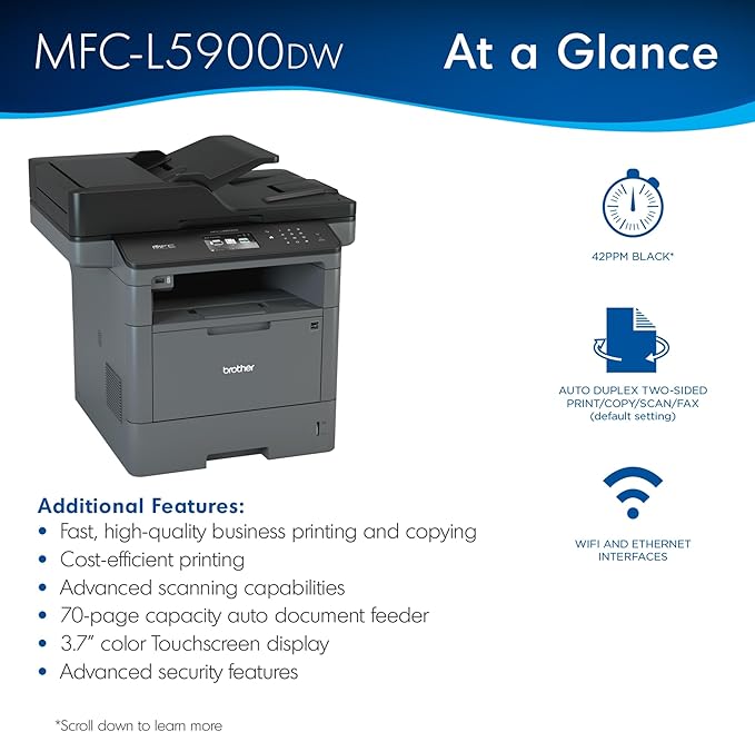 Brother Monochrome Laser Printer, Multifunction Printer, All-in-One Printer, MFC-L5900DW, Wireless Networking, Mobile Printing & Scanning, Duplex Print, Copy & Scan, Amazon Dash Replenishment Ready