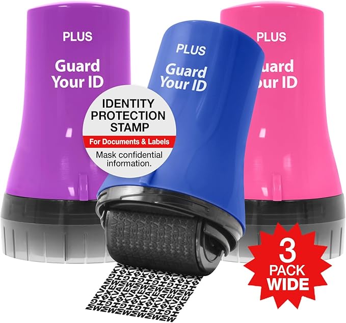 Wide Advanced ID Roller Stamp by Guard Your ID, Privacy Protection and Identity Theft Prevention, As Seen on TV (3-Pack, Blue, Pink, Purple)
