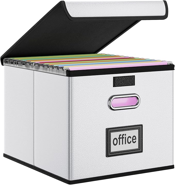 Huolewa Upgraded File Organizer Box with Lid, Collapsible Faux Leather Hanging File Folder Box Organizer with Plastic Slides, Decorative Home/Office Filing System Box for File and Folders Storage