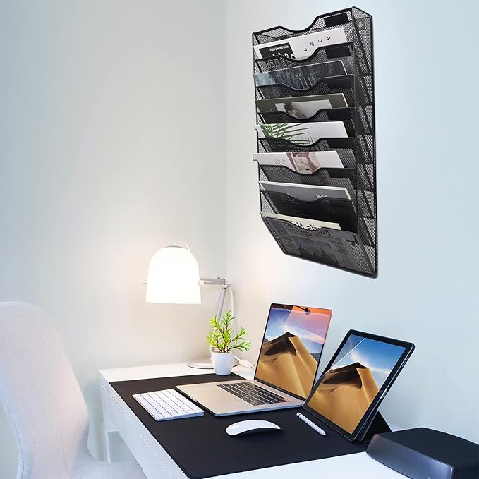 EASEPRES 8 Pockets Mesh Wall File Holder Organizer Office Hanging Magazine Rack, Black