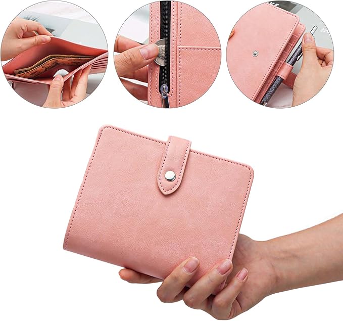 Mogoostry A7 Binder Cover Savings Binder Wallet Leather Binder Folder 6-Ring Refillable Notebook Binder Planner Cover Hardcover Budget Binder Organizer (Pink)