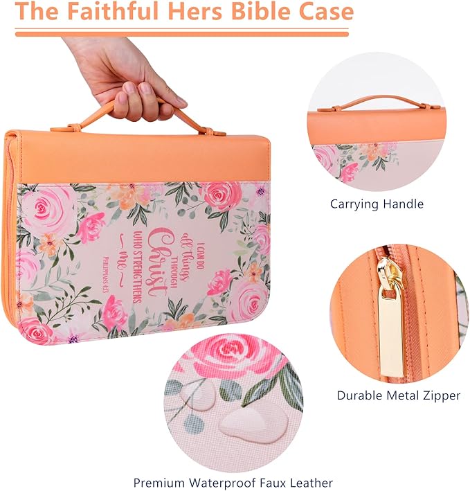 Bible Cover Case for Women with 7 Beautiful Paper Bookmarks Floral PU Leather Bible Cover Bag with Pockets and Zipper for Standard and Large Size Study Bible 10.8"x7.8"x2" (Coral Floral)