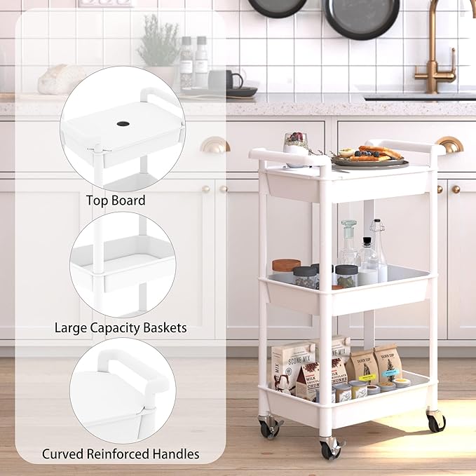 3-Tier Utility Rolling Cart with Cover Top Board, Mobile Utility Cart with Lockable Casters Multi-Functional Storage Trolley for Office, Bathroom, Kitchen, Garden, Laundry Room (White)