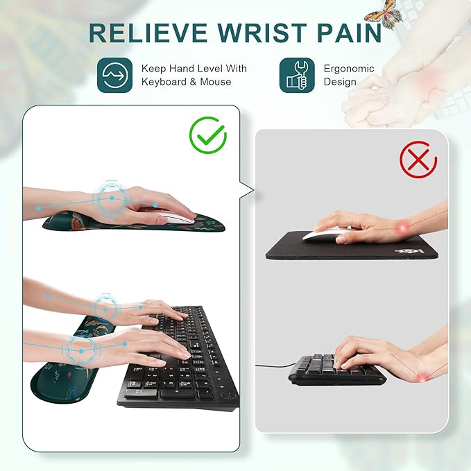 iCasso Ergonomic Mouse Pad with Wrist Rest, Keyboard Wrist Rest Mouse Wrist Rest, Made of Memory Foam, Easy Typing and Relieve Wrist Pain, Perfect for Computer Keyboard Office(Green Butterfly)