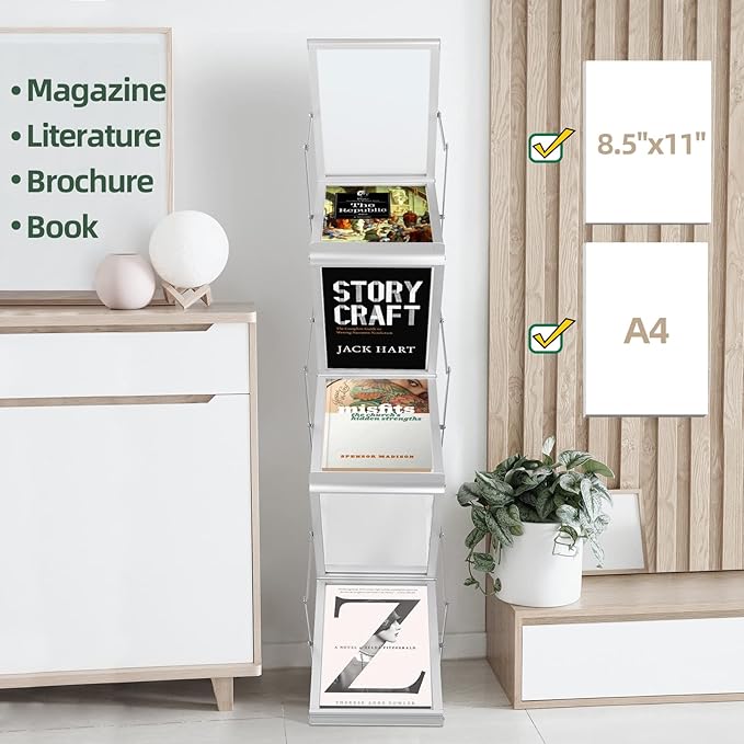 6 Pockets Collapsible Literature Rack for Trade Shows, Metal Floor Standing Literature Stand Catalog Rack Brochure Rack Flyer Holder Pamphlet Holder with Carry Case