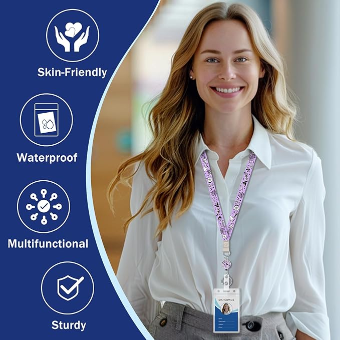 Giancomics Lanyards for Id Badges, Magic Cute Lanyards with Retractable Reel, Waterproof ID Badge Holder for Cruise Ships Cards Key, Work Name Tag Zip Card Protector for Women 2 Pack
