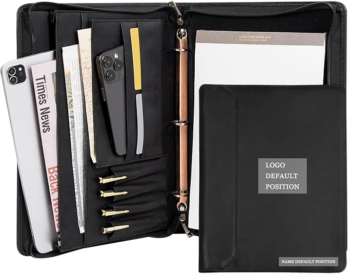 Free Engraved Name, Custom Portfolio, Genuine Leather Personalized Padfolio for Men, Engraved 3 Ring Binder Organizer, Business Portfolio with A4 Writing Pad, Handmade Customized Gifts, Black