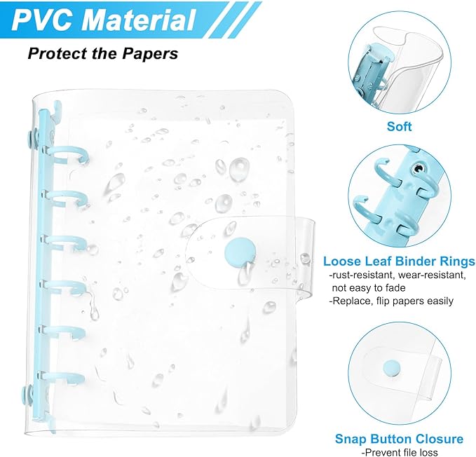 PATIKIL A7 Clear Binder Cover, Soft PVC Loose Leaf Binder Protector Refillable Notebook Shell with Snap Button Closure and 6 Rings for DIY Meeting Notebook Folder, Blue