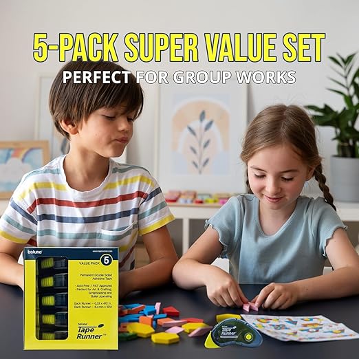 Tape Runner - Double Sided Adhesive with Dispenser Roller Included - Acid Free, Sticky, Clear & Transparent - Ideal for Scrapbooking, Crafts & More - Boomerang (417 inches per cartridge), 5 Cartridges