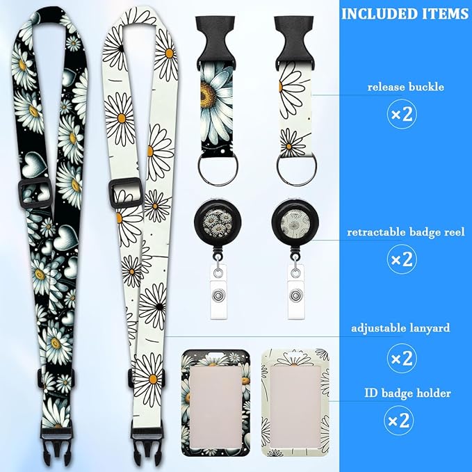 2 Pack Daisy Lanyards Badge Holder, Adjustable Lanyard with Retractable Badge Reel, Cute ID Badge Holder for Teachers, Nurses, Students, Office Staff & Cruise Essentials