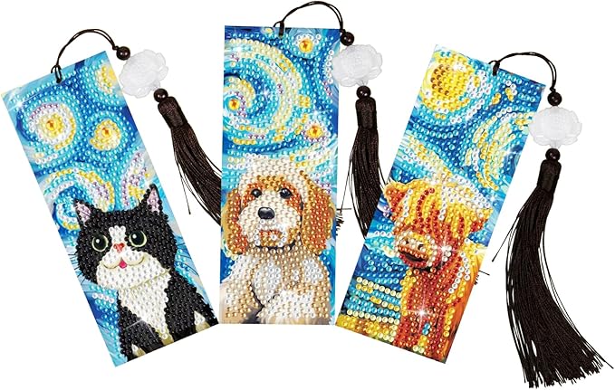 Anseal 3 Pcs 5D Diamond Art Bookmarks for Book Lovers, Cute Animal Rhinestone PU Leather Diamond Crafts Bookmarks for Women Girls, Tassel Beaded Book Mark for Graduation Birthday Reading Present