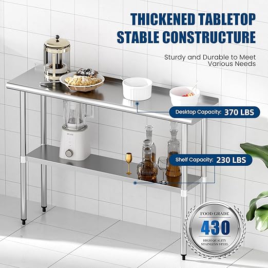 Stainless Steel Table 14 x 48 Inches Metal Prep Table with Backsplash & Adjustable Undershelf for Commercial Kitchen, Outdoor, Restaurant, Hotel & Garage