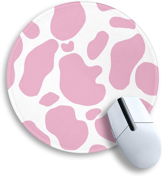 Cute Cow Print Round Mouse Pad, Small Mousepad for Laptop Gaming Women, with Stitched Edge Non-Slip Rubber Base, Cute Home Office Decor Desk Accessories Office Supplies Gift for Women Teen Girls