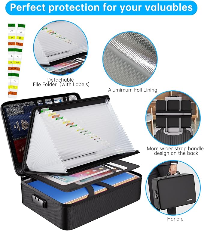 ENGPOW Fireproof Document Box with Lock,5200℉ Soft Case Fireproof Box with 25 Pocket Accordion File Folder,Multi-Layer Fireproof Water Resistant Safe Box File Organizer for Important Documents,Laptop