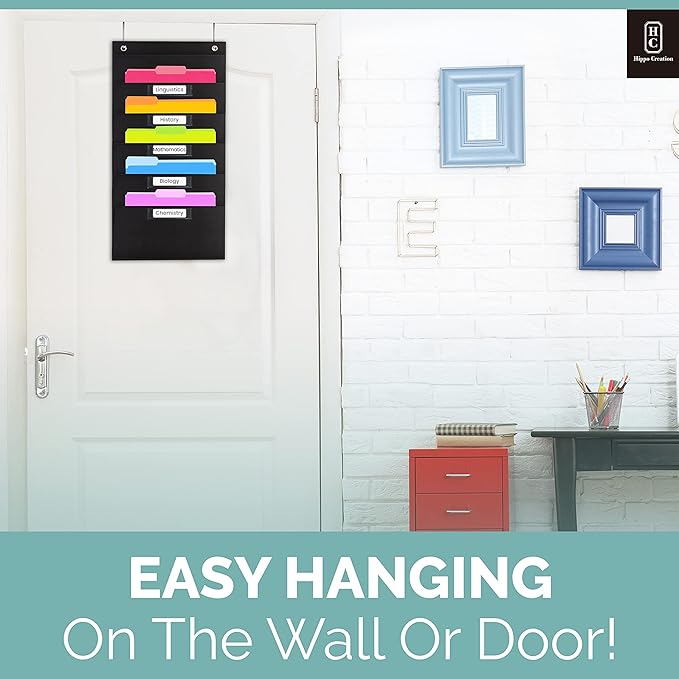 Hippo Creation Heavy Duty Storage Pocket Chart for Classroom, 5 Pocket Storage Organizer with 2 Over-Door Hangers, Hanging Wall Organizer for File Folders, School Mailbox, Home Office Papers - Black