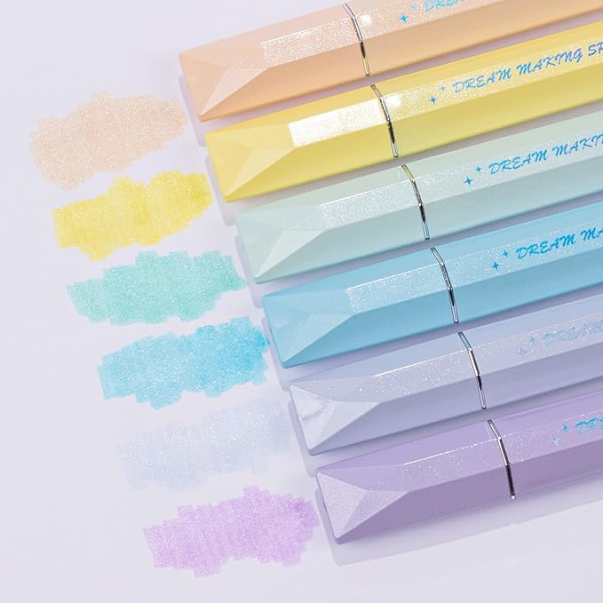 COLNK Glitter Pastel Highlighter,Set of 6 Pcs Cute Aesthetic Highlighters Assorted Colors,Chisel Tip,Metallic Highlighters for Journal Planner, Highlighting, Note-taking,Glitter Ink B