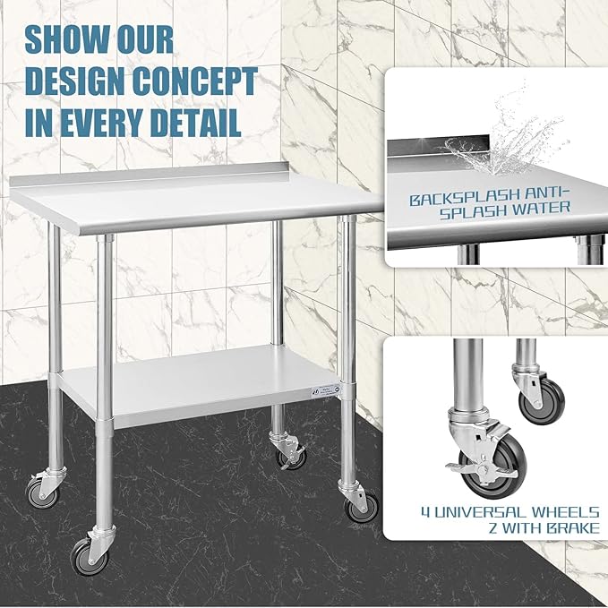 HALLY Stainless Steel Table for Prep & Work 24 x 36 Inches with Caster Wheels, NSF Commercial Heavy Duty Table with Undershelf and Backsplash for Restaurant, Home and Hotel