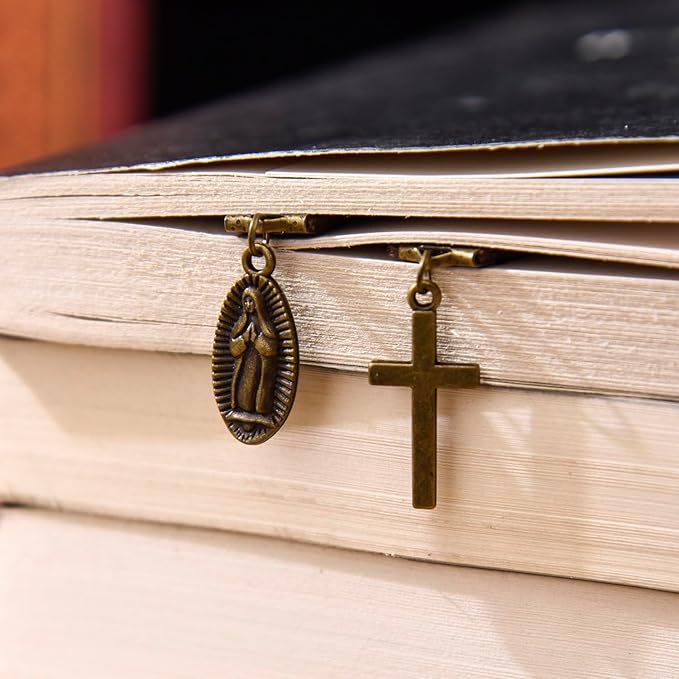 Bookmarks, Handmade Retro Cross Virgin Mary Bookmark with Long Leather Straps, Christian Saint Book Mark, Ideal Catholic Gift (Style 8)