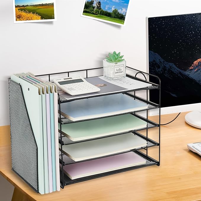 OPNCIE Desk Organizers and Accessories, 5 Tier Paper Letter Tray File Organizer, Office Organization Storage Desk Accessories Workspace Desktop Organizer for Classroom Office Supplies Decor(Black)