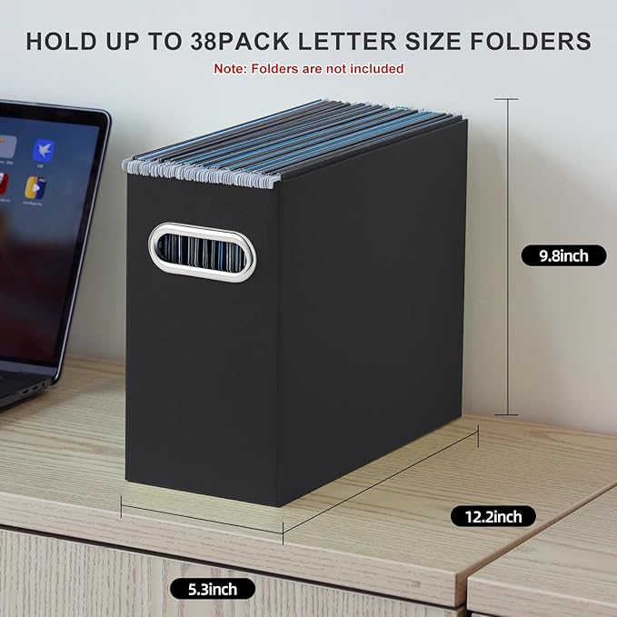 Oterri File Organizer, 4 Packs Small Storage Box, Cardboard File Folder Organizer, Collapsible File Box, Hanging File Organizer for Letter Size, Portable File Box with Handle, Only Box（Black）
