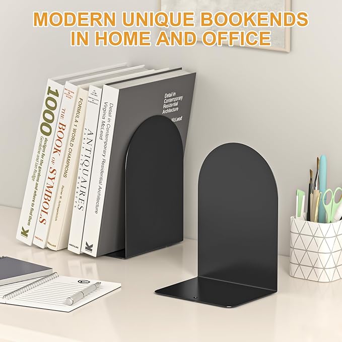 Bookends 4 Pairs, Metal Round Book Ends, Bookends for Shelves, Book Ends for Desk, Book End to Hold Books, Book Stopper, Black Bookend for Home Office