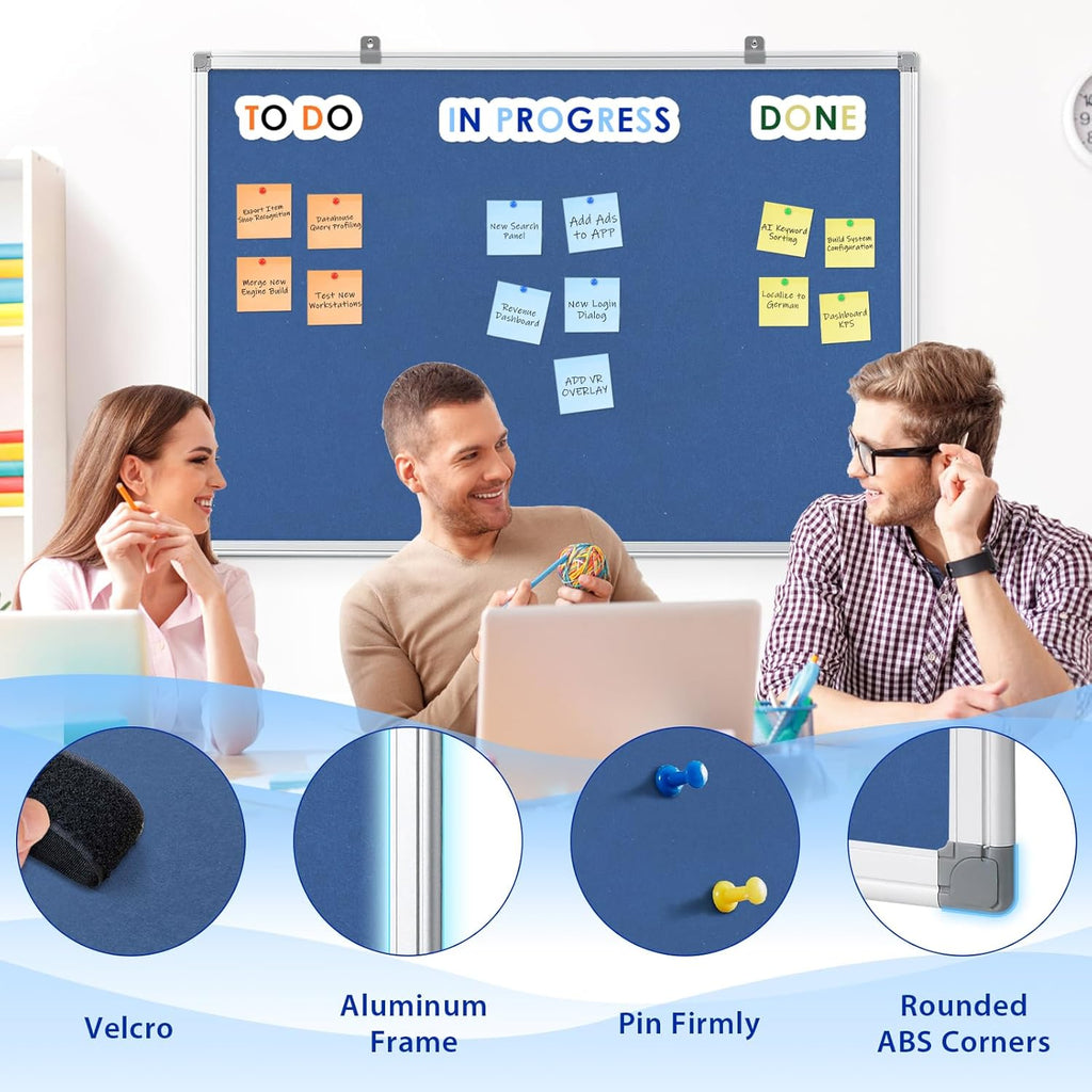 Felt Bulletin Big Vision Pin Board Notice Booard Wall-Mount Organization for Photo Message Velcro,Blue,48x36inches