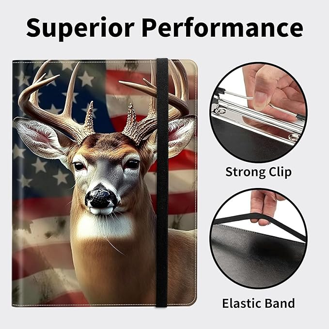 Padfolio Folder with Clipboard,Portfolios Organizer Clipboards with Storage Clipboard Writing Pad PU Leather Conference Document Organizer with Business Card Holder,Flag Deers