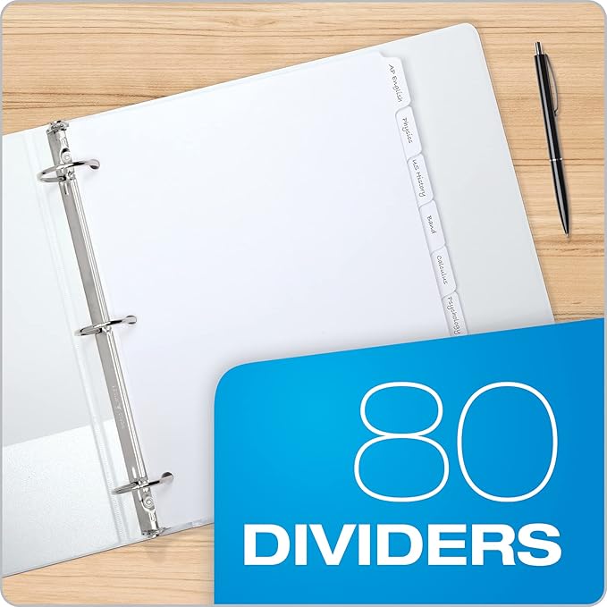 Oxford Blank Write On Binder Dividers, Dividers for 3 Ring Binder, Durable Plastic, 1/8 Cut Tabs, 3 Hole Punch Dividers in 8 Tab Sets, 80 Dividers, 10 Sets, White (89982)