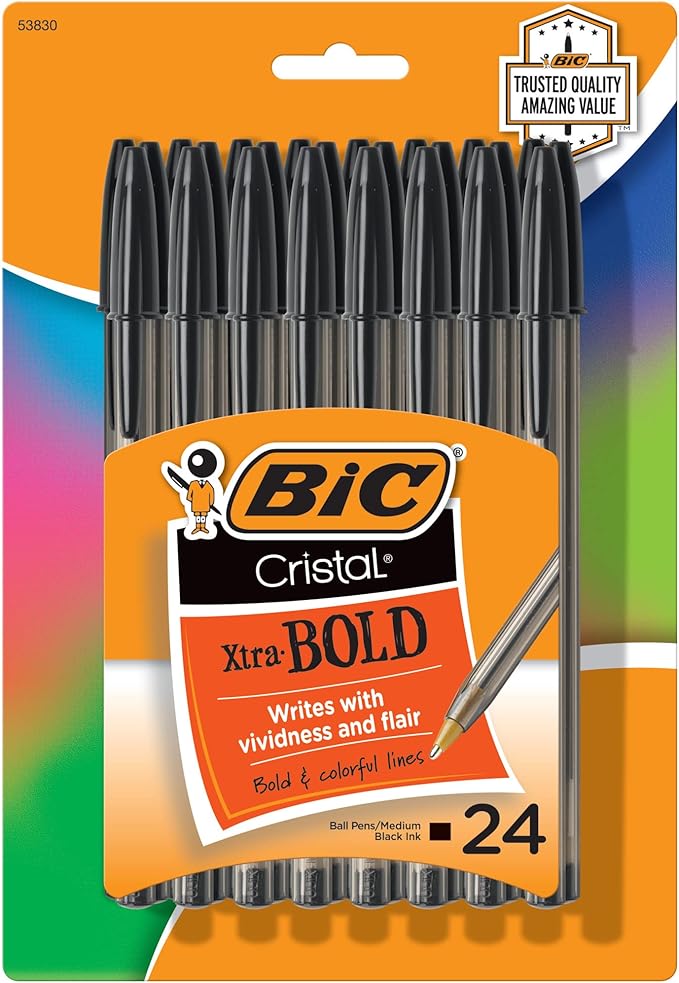 BIC Cristal Xtra Bold Ballpoint Pen, Bold Point (1.6mm) For Vivid And Dramatic Lines, Black Ballpoint Pens, 24-Count