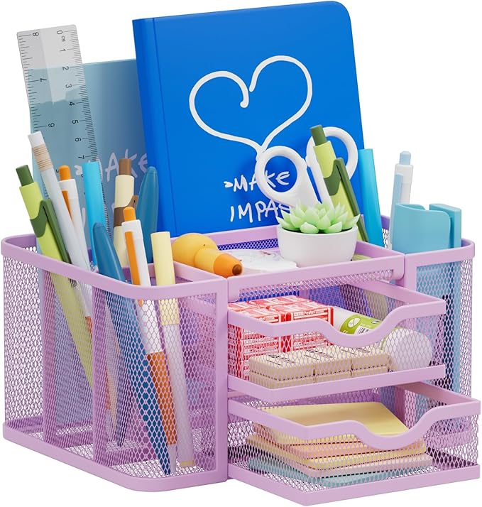 Marbrasse Mesh Desk Organizer, Pen Organizer with 2 Drawer, Multi-Functional Pencil Holder for Desk, Desk Organizers and Accessories with 5 Compartments + Drawer for Office Art Supplies (Purple)