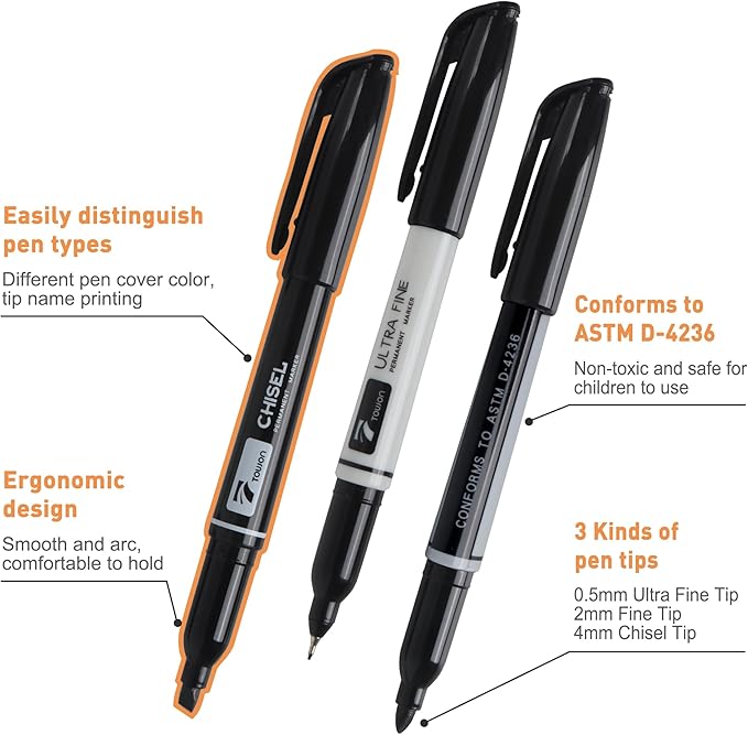 Permanent Markers 12 Black - Waterproof Quick Drying Pens Set 8 Fine Tip, 2 Ultra Fine, 2 Chisel Tip Office Home School Supplies for Adults Writing Doodling Marking